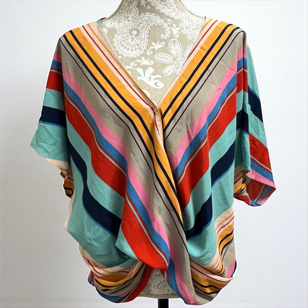 Umgee USA Women’s Top Small Multicolor Striped Kimono Sleeve Draped Hem Blouse